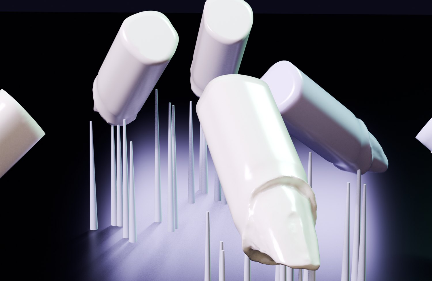 Cinematic render of dental resin prep dies on the build plate with print supports, lit in violet and mint